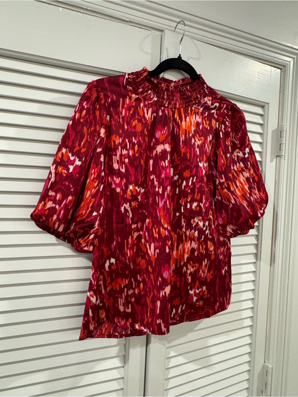 THML Smocked-Neck Red Patterned Short-Sleeve Blouse - Picture 2 of 5